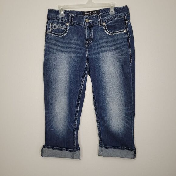 Maurices Denim - Maurices dark wash mcbling rolled hem cuff capris heavy fading Size 11/12